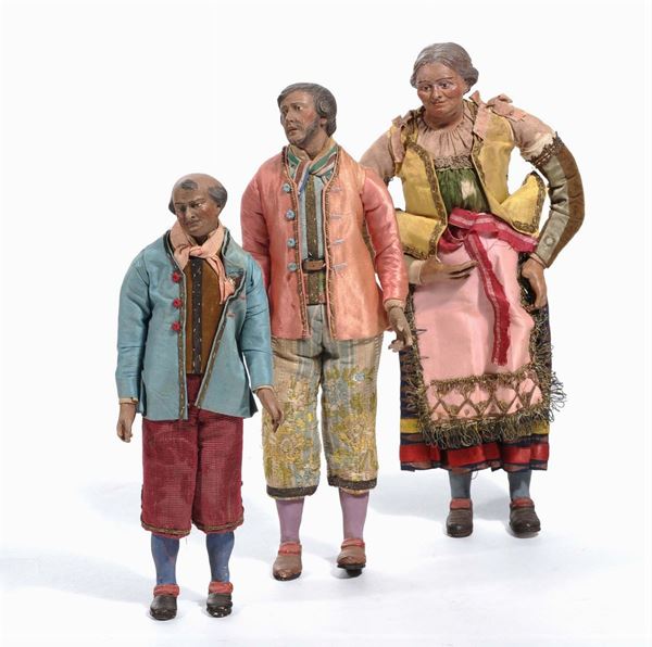 Lotto composto da tre statuine del presepe napoletano, inizio XIX secolo
