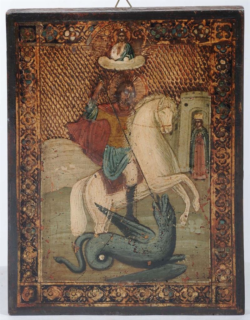 Icona raffigurante San Giorgio e il drago, XIX secolo  - Auction Antiques and Old Masters - Cambi Casa d'Aste