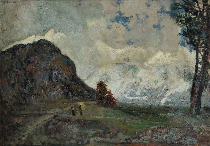 Cesare Maggi (1881-1961) Paesaggio montano con figure, 1921  - Asta Antiquariato e Dipinti Antichi - Cambi Casa d'Aste