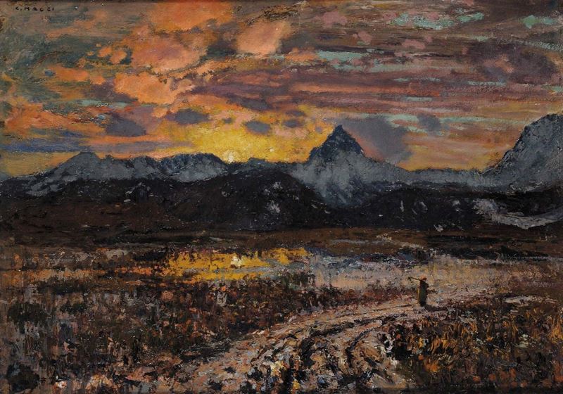 Cesare Maggi (1881-1961) Paesaggio al tramonto  - Asta Antiquariato e Dipinti Antichi - Cambi Casa d'Aste