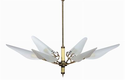 Lampadario in Ottone a Sei Luci Stile Fontana Arte