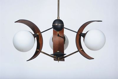 Lampadario a Tre Luci in Legno Curvato a Caldo, 1960 Circa