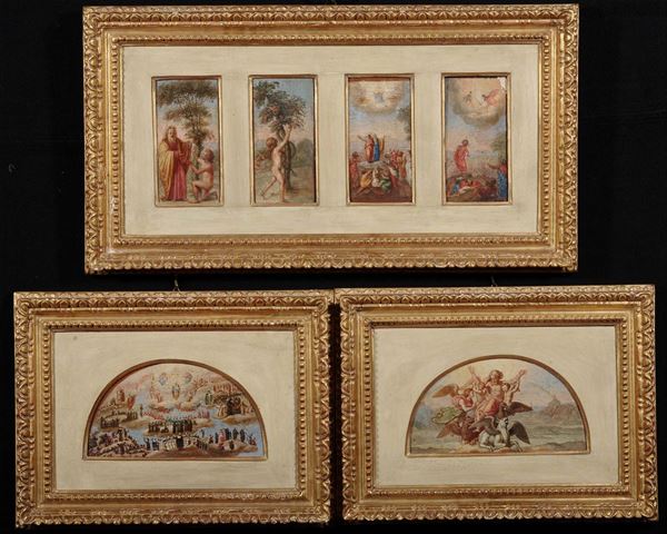 Sei bozzetti ad olio su tela riportata su tavola raffiguranti episodi religiosi, XVIII secolo