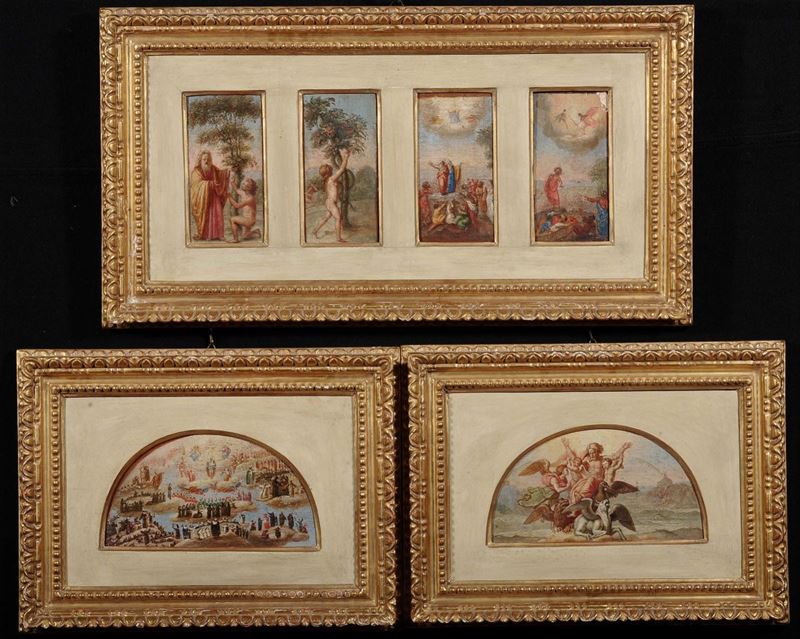 Sei bozzetti ad olio su tela riportata su tavola raffiguranti episodi religiosi, XVIII secolo  - Auction Antiques and Old Masters - Cambi Casa d'Aste