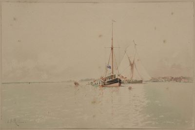 Edoardo Federico De Martino (1838-1912)marina con Imbarcazioni