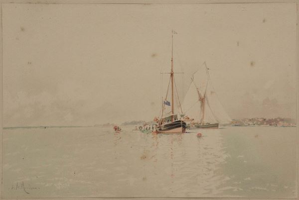Edoardo Federico De Martino (1838-1912) Marina con imbarcazioni