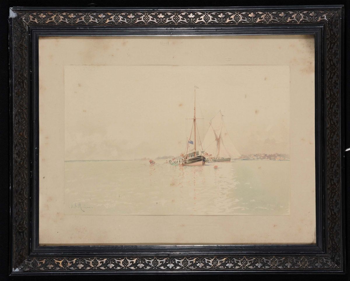 Edoardo Federico De Martino (1838-1912)marina con Imbarcazioni