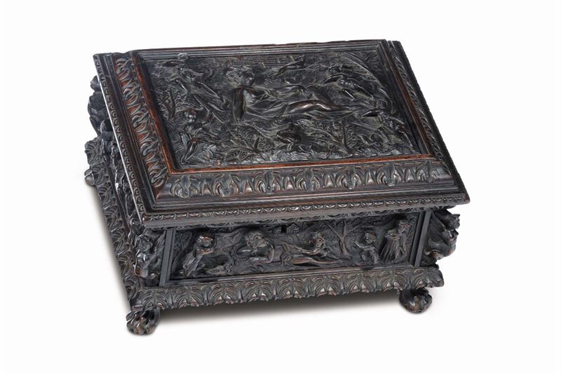 Scatola in legno intagliato con personaggi, XVII secolo  - Asta Antiquariato e Dipinti Antichi - Cambi Casa d'Aste
