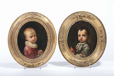 Antonio Mercurio Amorosi (1660-1738)bambino con Veste Blu e Mela Bambino con Veste Rossa e Grappo...