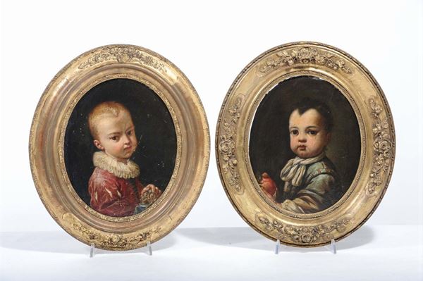 Antonio Mercurio Amorosi (1660-1738) Bambino con veste blu e mela Bambino con veste rossa e grappolo d'uva