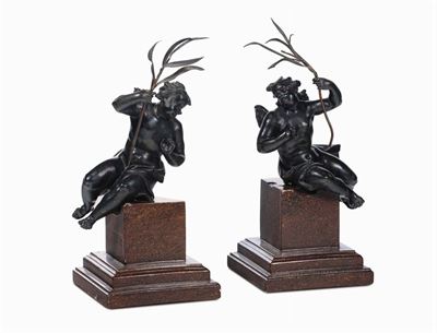 Coppia di Sculture in Bronzo Brunito Raffiguranti Putti, Roma XVIII-XIX Secolo