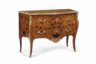 Commode Luigi XV Interamente Lastronato in Bois De Rose e Varie Essenze Pregiate, Stampigliata P....