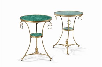 Coppia di Gueridon Impero in Bronzo Dorato con Piano Circolare in Malachite, XIX Secolo