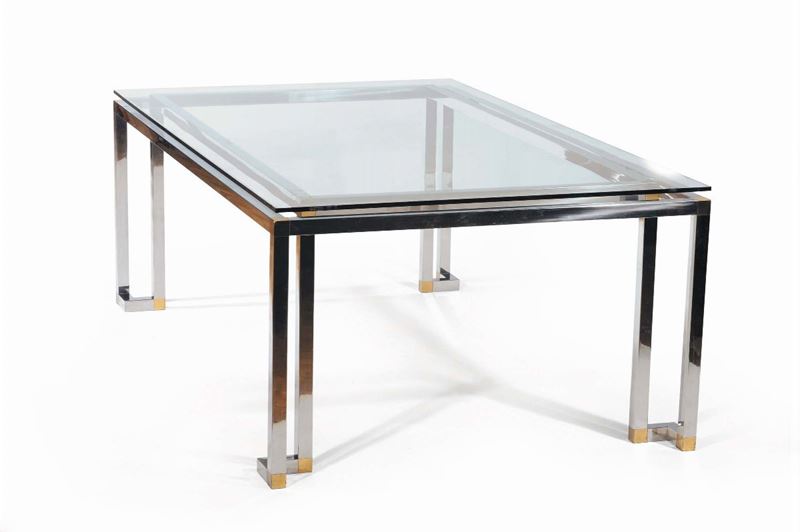 Tavolo rettangolare in metallo cromato e ottone, piano in cristallo molato.  - Auction Design Lab - Cambi Casa d'Aste