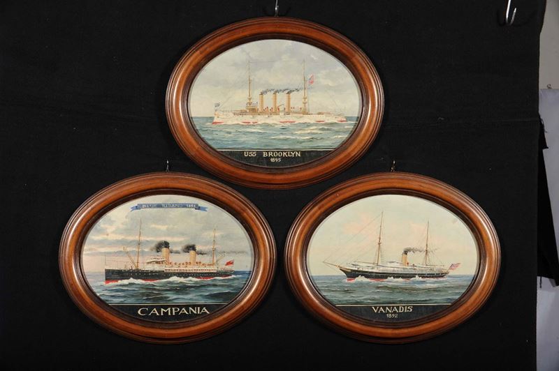 Tre dipinti ovali con piroscafi Brooklin, Vanadis e Campania  - Asta Antiquariato e Dipinti Antichi - Cambi Casa d'Aste