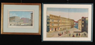 Due Stampe Raffiguranti Piazza Fontane Marose e Palazzo Doria in Via Garibaldi