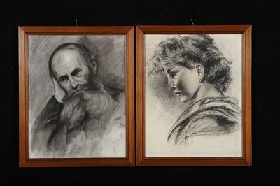 Due Ritratti a Carboncno Raffiguranti Fanciulle e Vecchio con Barba
