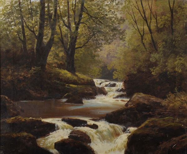 Francic Muschamp (1851-1929) Paesaggio con torrente, 1899