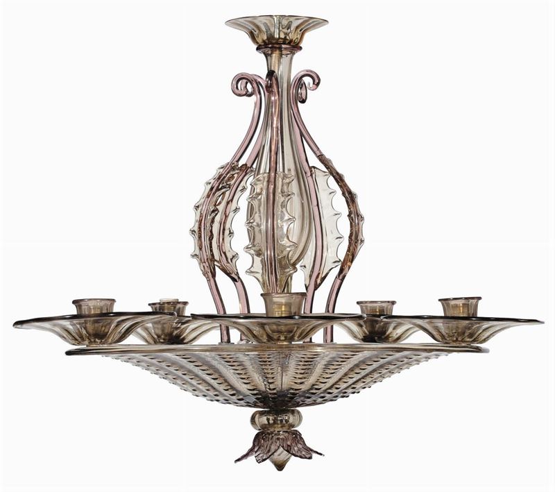 Lampadario in vetro soffiato a sei luci, Murano  - Asta Arti Decorative del XX secolo e Design - Cambi Casa d'Aste