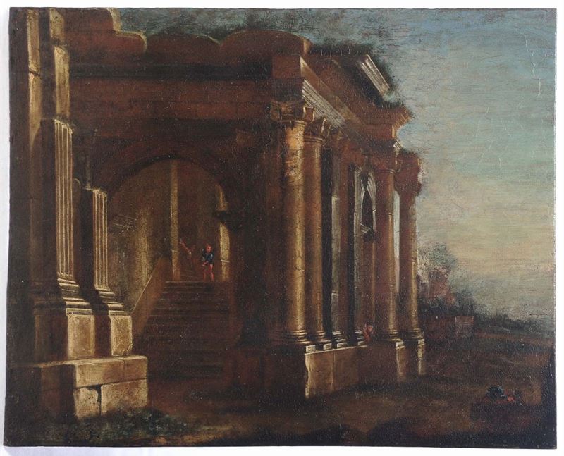 Scuola Veneta del XVII secolo Capriccio con figure  - Asta Antiquariato e Dipinti Antichi - Cambi Casa d'Aste