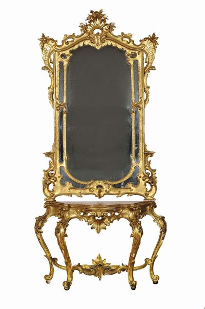 Console con Specchiera in Legno Intagliato e Dorato,