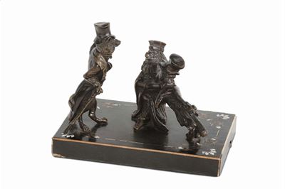 Gruppo in Bronzo su Base in Legno Intarsiato, XIX Secolo