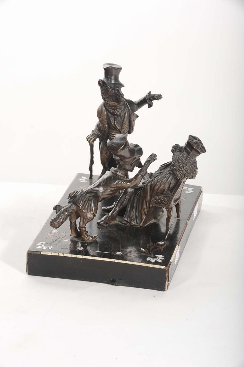 Gruppo in Bronzo su Base in Legno Intarsiato, XIX Secolo