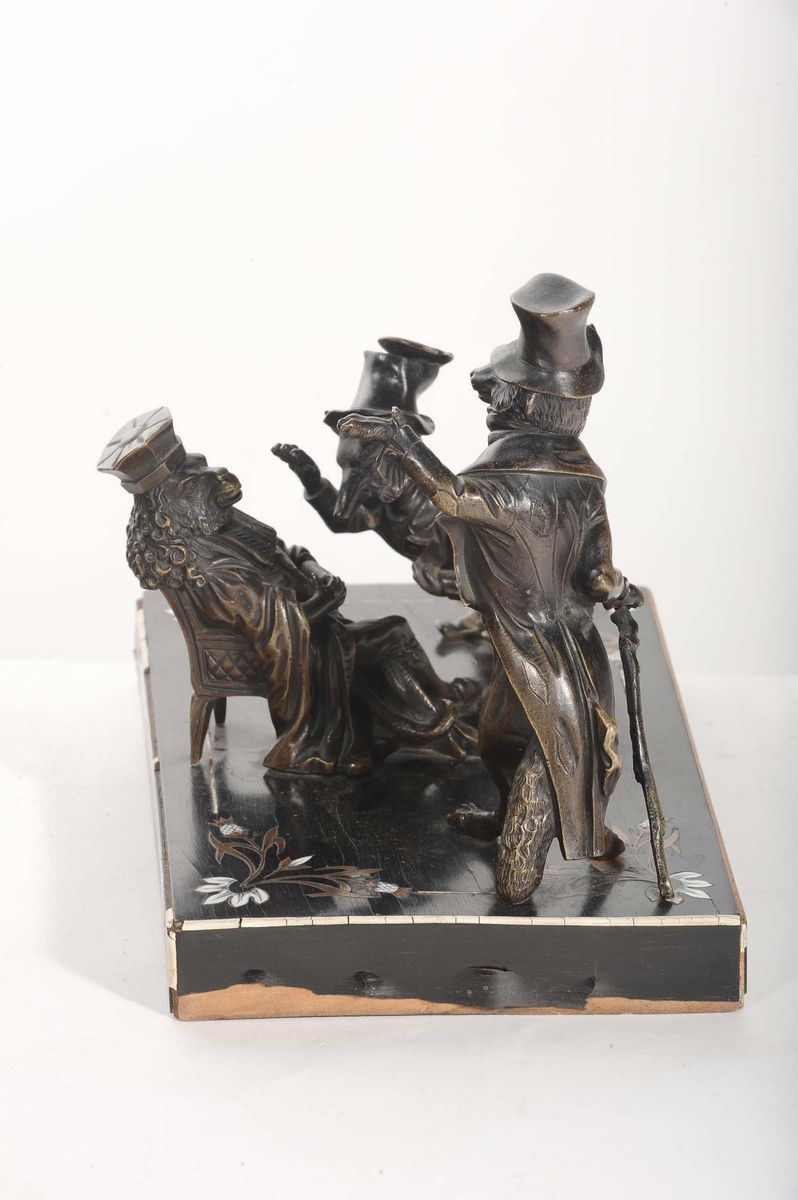 Gruppo in Bronzo su Base in Legno Intarsiato, XIX Secolo