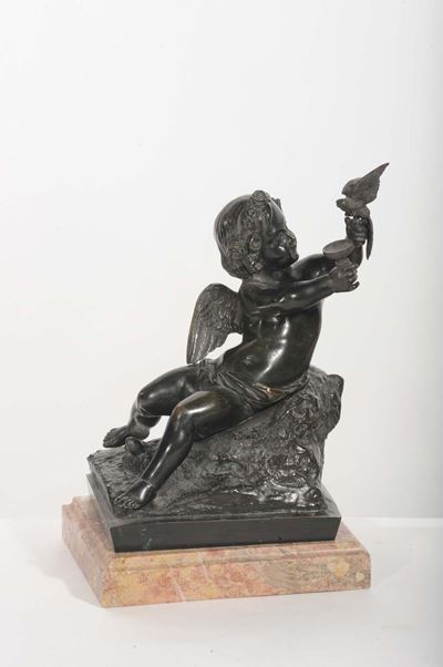Scultura in Bronzo Raffigurante Putto Seduto su Roccia, XIX Secolo