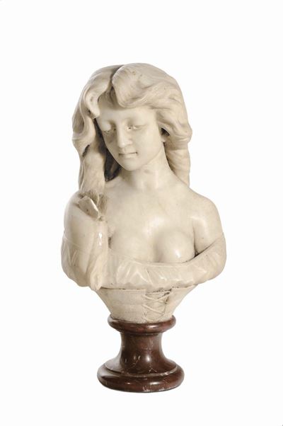 Scultura in Marmo Bianco Raffigurante Busto di Fanciulla, XIX Secolo