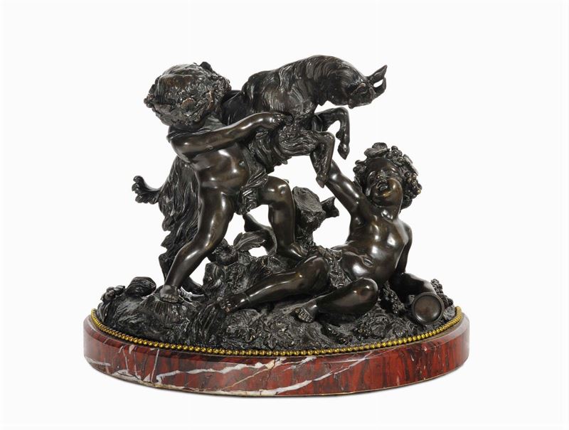 Gruppo in bronzo brunito raffigurante putti con capra, XIX secolo  - Asta Antiquariato e Dipinti Antichi - Cambi Casa d'Aste