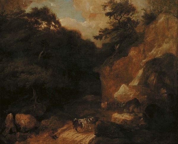 Scuola Fiamminga del XVIII secolo Paesaggio boschivo con viandanti