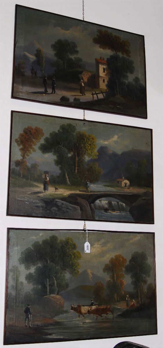 Lotto di tre paesaggi con figure ad olio su tela  - Auction Antiques and Old Masters - Cambi Casa d'Aste