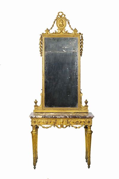 Console Luigi XVI con Specchiera in Legno Intagliato e Dorato, XVIII Secolo