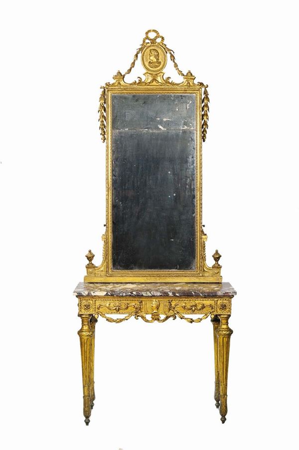 Console Luigi XVI con specchiera in legno intagliato e dorato, XVIII secolo