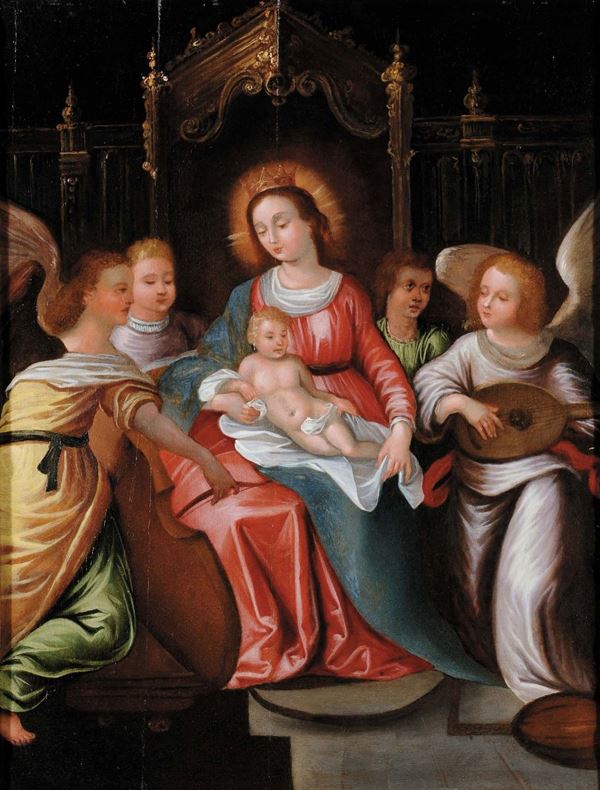 Scuola del XVIII secolo Madonna in trono con Bambino e angeli
