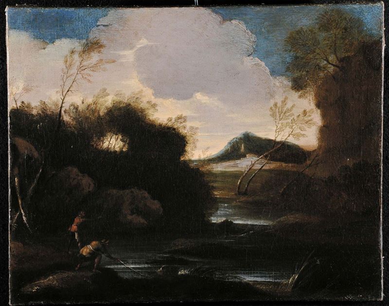 Maestro della Betulla (attivo a Roma tra il 1625 e 1650), attribuito a Scorcio paesistico fluviale con quinte arboree e pescatori  - Asta Antiquariato e Dipinti Antichi - Cambi Casa d'Aste