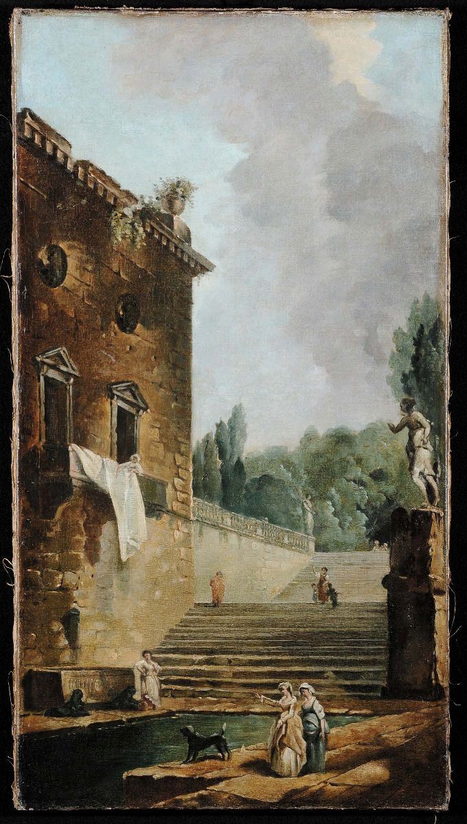 Hubert Robert (1733-1808), attribuito a Giardino di villa romana  - Asta Antiquariato e Dipinti Antichi - Cambi Casa d'Aste