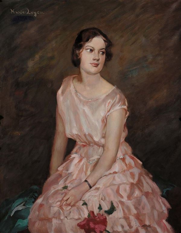 Anonimo Tedesco degli inizi del XX secolo Ritratto di gentildonna in abito rosa