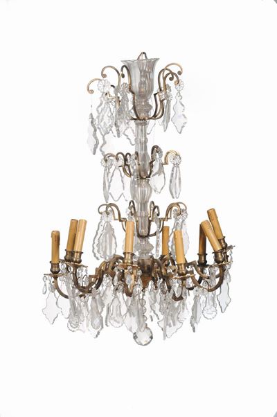 Lampadario a Dieci Luci in Cristallo e Metallo Dorato, XIX Secolo