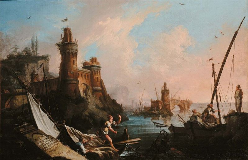Gaetano Ottani (1736-1808) Porto con figure  - Asta Antiquariato e Dipinti Antichi - Cambi Casa d'Aste