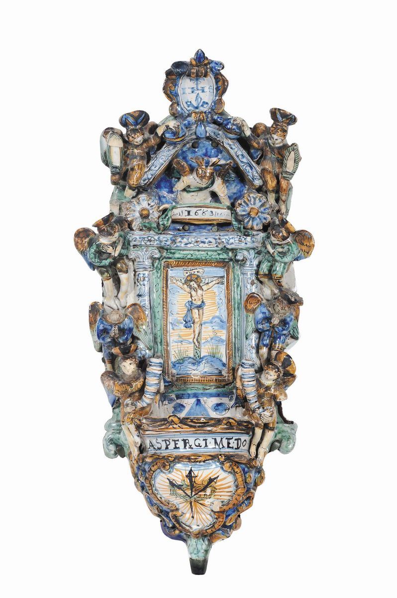 Acquasantiera in maiolica a decoro policromo, XVII secolo  - Asta Antiquariato e Dipinti Antichi - Cambi Casa d'Aste