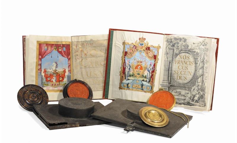 Diploma Imperiale in pergamena dipinta entro custodia metallica, Austria 1724  - Asta Scultura e Oggetti d'Arte - Cambi Casa d'Aste