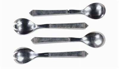 Due Coppie di Posate in Argento e Acciaio Modello Pyramid, Marchio di G.jensen, Copenaghen XX Sec...