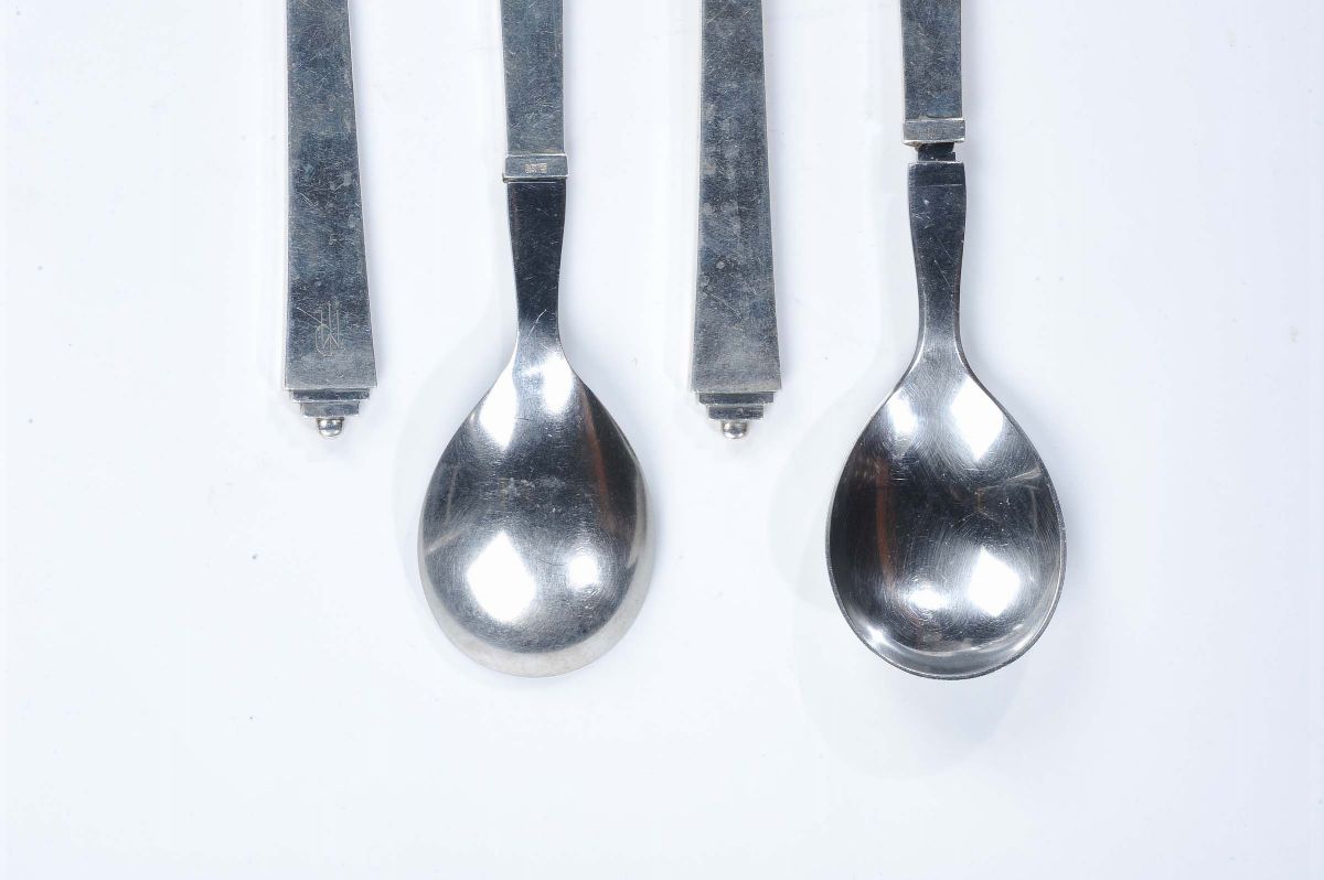 Due Coppie di Posate in Argento e Acciaio Modello Pyramid, Marchio di G.jensen, Copenaghen XX Sec...