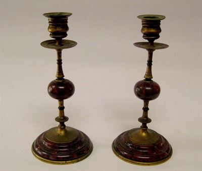 Piccoli Candelieri in Bronzo e Marmo Rosso, Fine XIX Secolo