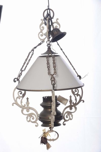 Lume Ad Olio da Soffitto in Ottone e Bronzo, XIX Secolo