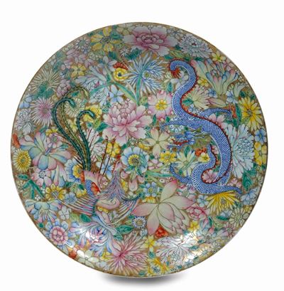 Piatto Famiglia Rosa Millefiori con Dragone e Fenice, Cina, XX Secolo
