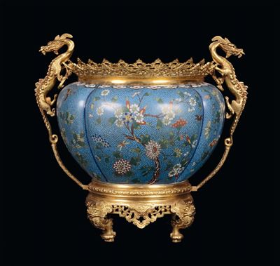 Cachepot Cloisonnè con Montatura in Bronzo Dorato, Cina, Dinastia Qing, XIX Secolo