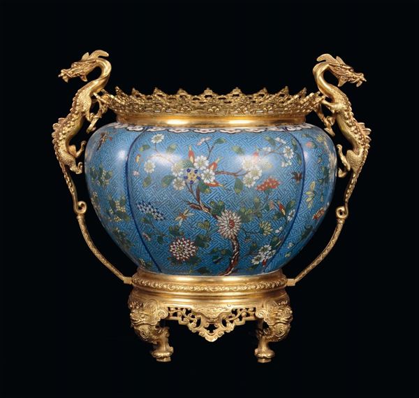 A cloisonné cachepot with gilt bronze mounting, China, Qing Dynasty, 19th century, apocryphal Jingtai mark